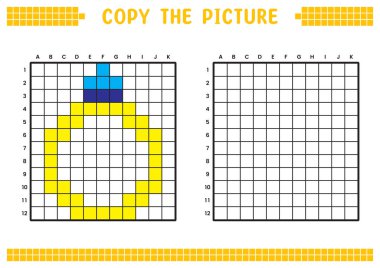 Resmi kopyala, ızgara resmini tamamla. Kare ve renklendirme alanlarıyla ilgili eğitici çalışma kağıtları. Anaokulu aktiviteleri, çocuk oyunları. Çizgi film vektör çizimi, piksel sanatı. Yüzük ve elmas
