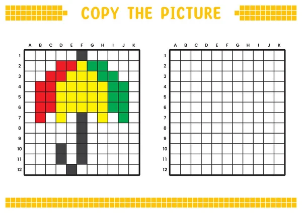 stock vector Copy the picture, complete the grid image. Educational worksheets drawing with squares, coloring cell areas. Preschool activities, children's games. Cartoon vector illustration, pixel art. Umbrella.