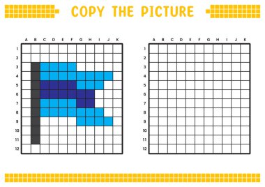 Resmi kopyala, ızgara resmini tamamla. Kare kareler, hücre boyama alanlarıyla ilgili eğitici çalışma tabloları. Anaokulu aktiviteleri, çocuk oyunları. Çizgi film vektör çizimi, piksel sanatı. Mavi bayrak.