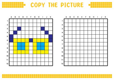 Resmi kopyala, ızgara resmini tamamla. Kare ve renklendirme alanlarıyla ilgili eğitici çalışma kağıtları. Anaokulu aktiviteleri, çocuk oyunları. Çizgi film vektör çizimi, piksel sanatı. Güzel gözlükler..
