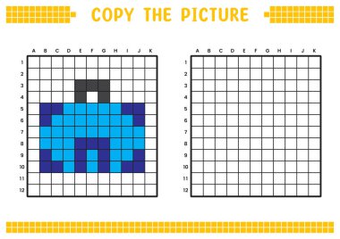 Resmi kopyala, ızgara resmini tamamla. Kare ve renklendirme alanlarıyla ilgili eğitici çalışma kağıtları. Anaokulu aktiviteleri, çocuk oyunları. Çizgi film vektör çizimi, piksel sanatı. Mavi bavul.
