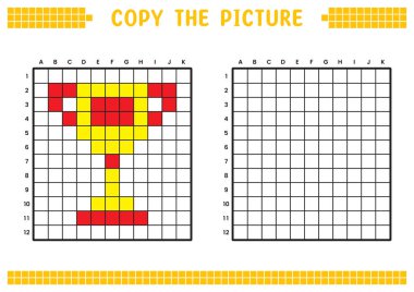 Resmi kopyala, ızgara resmini tamamla. Kare ve renklendirme alanlarıyla ilgili eğitici çalışma kağıtları. Anaokulu aktiviteleri, çocuk oyunları. Çizgi film vektör çizimi, piksel sanatı. Şampiyonluk kupası