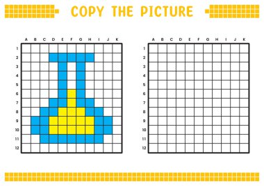 Resmi kopyala, ızgara resmini tamamla. Kare kareler, hücre boyama alanlarıyla ilgili eğitici çalışma tabloları. Anaokulu aktiviteleri, çocuk oyunları. Çizgi film vektör çizimi, piksel sanatı. Erlenmeyer.