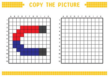 Resmi kopyala, ızgara resmini tamamla. Kare kareler, hücre boyama alanlarıyla ilgili eğitici çalışma tabloları. Anaokulu aktiviteleri, çocuk oyunları. Çizgi film vektör çizimi, piksel sanatı. Manyetik.