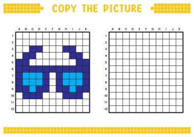 Resmi kopyala, ızgara resmini tamamla. Kare ve renklendirme alanlarıyla ilgili eğitici çalışma kağıtları. Anaokulu aktiviteleri, çocuk oyunları. Çizgi film vektör çizimi, piksel sanatı. Mavi gözlük.