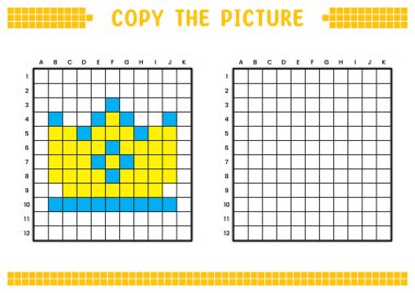 Resmi kopyala, ızgara resmini tamamla. Kare ve renklendirme alanlarıyla ilgili eğitici çalışma kağıtları. Anaokulu aktiviteleri, çocuk oyunları. Çizgi film vektör çizimi, piksel sanatı. Sarı taç.