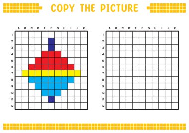 Resmi kopyala, ızgara resmini tamamla. Kare kareler, hücre boyama alanlarıyla ilgili eğitici çalışma tabloları. Anaokulu aktiviteleri, çocuk oyunları. Çizgi film vektör çizimi, piksel sanatı. En iyi oyuncaklar.