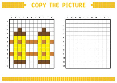 Resmi kopyala, ızgara resmini tamamla. Kare kareler, hücre boyama alanlarıyla ilgili eğitici çalışma tabloları. Anaokulu aktiviteleri, çocuk oyunları. Çizgi film vektör çizimi, piksel sanatı. Çit.