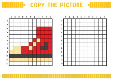 Resmi kopyala, ızgara resmini tamamla. Kare kareler, hücre boyama alanlarıyla ilgili eğitici çalışma tabloları. Anaokulu aktiviteleri, çocuk oyunları. Çizgi film vektör çizimi, piksel sanatı. Kırmızı ayakkabı..