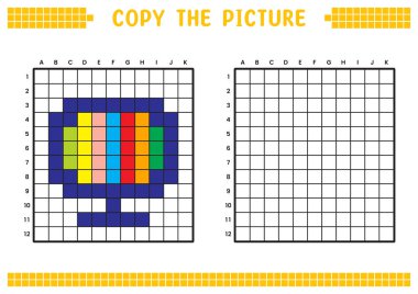 Resmi kopyala, ızgara resmini tamamla. Kare ve renklendirme alanlarıyla ilgili eğitici çalışma kağıtları. Anaokulu aktiviteleri, çocuk oyunları. Çizgi film vektör çizimi, piksel sanatı. Boş ekran.