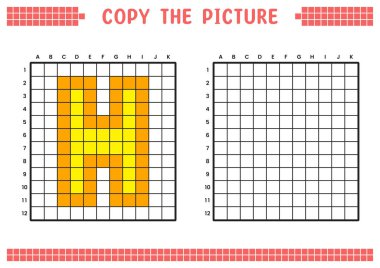 Resmi kopyala, ızgara resmini tamamla. Kare kareler, hücre boyama alanlarıyla ilgili eğitici çalışma tabloları. Anaokulu aktiviteleri, çocuk oyunları. Çizgi film vektör çizimi, piksel sanatı. H harfi.