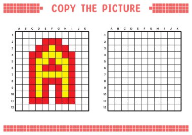 Resmi kopyala, ızgara resmini tamamla. Kare kareler, hücre boyama alanlarıyla ilgili eğitici çalışma tabloları. Anaokulu aktiviteleri, çocuk oyunları. Çizgi film vektör çizimi, piksel sanatı. A harfi..