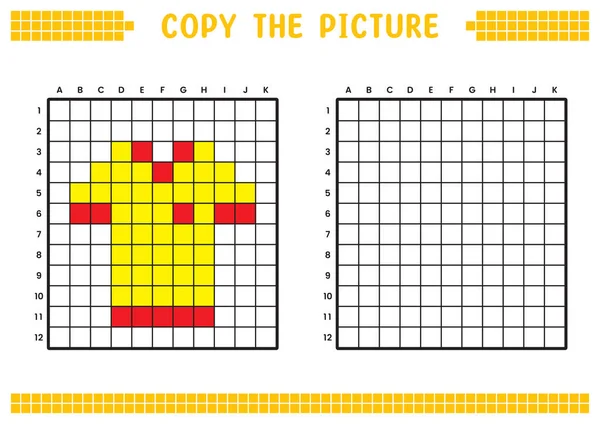 stock vector Copy the picture, complete the grid image. Educational worksheets drawing with squares, coloring areas. Preschool activities, children's games. Cartoon vector illustration, pixel art. Yellow shirt.