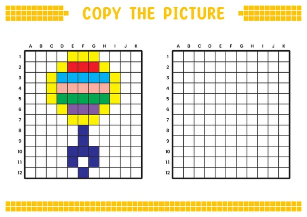 stock vector Copy the picture, complete the grid image. Educational worksheets drawing with squares, coloring areas. Preschool activities, children's games. Cartoon vector illustration, pixel art. Baby rattle toy.