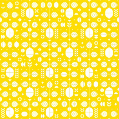 Seamless pattern with elements of lemons, flowers, leaves and various geometric shapes. Abstract illustration of fruit themed poster. Simple flat vector silhouette and line art, on yellow background.