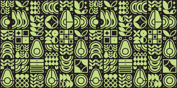 Abstract artwork of avocado pattern icon. Simple flat vector art, illustration symbol of cut avocado, seed, flower, leaf, in silhouette. Modern geometric background design, fruit and vegetable theme.