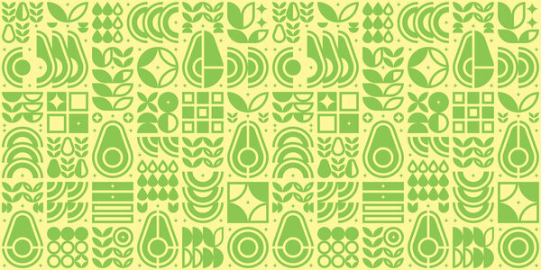 Abstract artwork of avocado pattern icon. Simple flat vector art, illustration symbol of cut avocado, seed, flower, leaf, in silhouette. Modern geometric background design, fruit and vegetable theme.