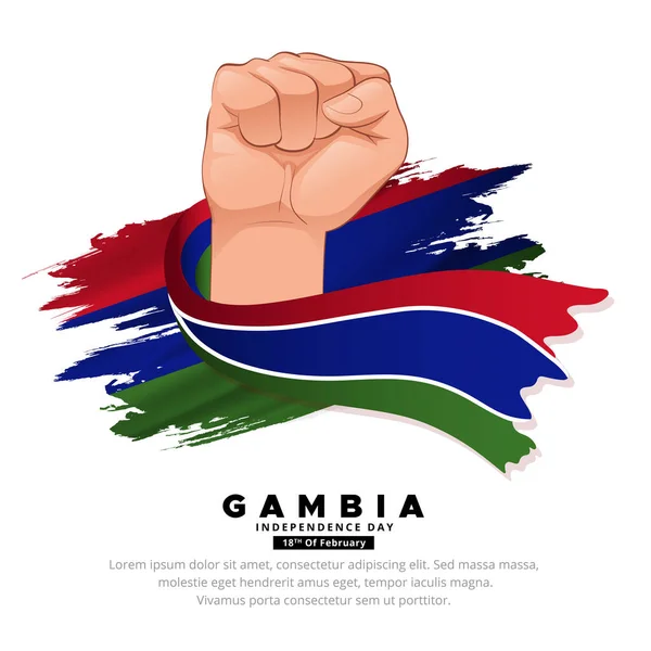 Glanzend Gambia Onafhankelijkheidsdag Ontwerp Met Golvende Vlag Gebaar Vuist — Stockvector