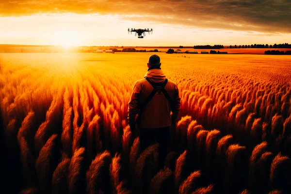 A person using a drone to survey a field