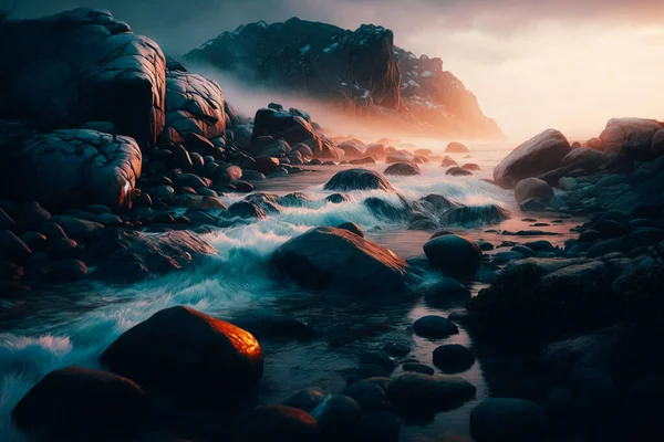 The sound of the water gently splashing against the rocks creates a relaxing atmosphere