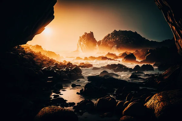 A breathtaking view of the ocean as it washes over the rough and rugged rocks