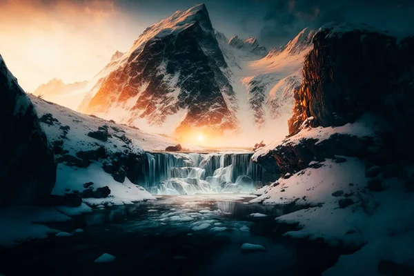 A stunning view of a snowy mountain range, dotted with jagged peaks and frost-covered trees