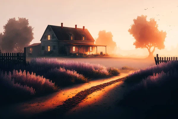 A tranquil and peaceful scene of a small lavender farm