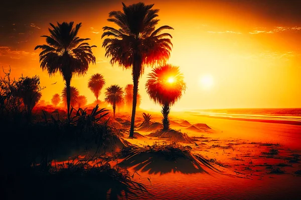 A palm tree-lined beach with a golden sunrise