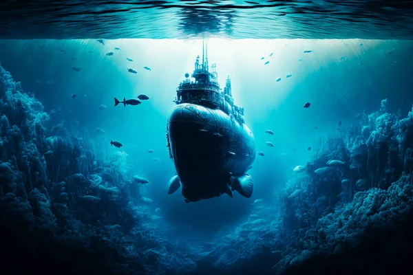 A submarine boat is seen in the deep blue ocean