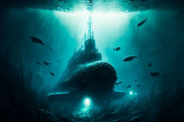 The submarine\'s lights shining through the murky depths