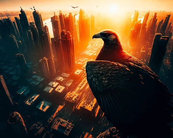 A bird\'s eye view of the city as the sun rises