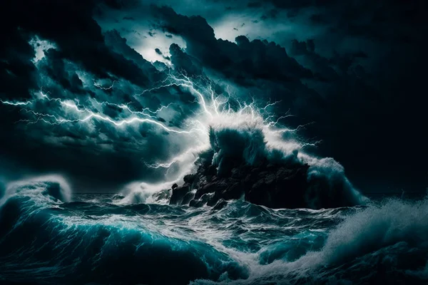 A breathtaking photograph of a raging storm at sea, with bolts of lightning illuminating the turbulent waves and dark clouds