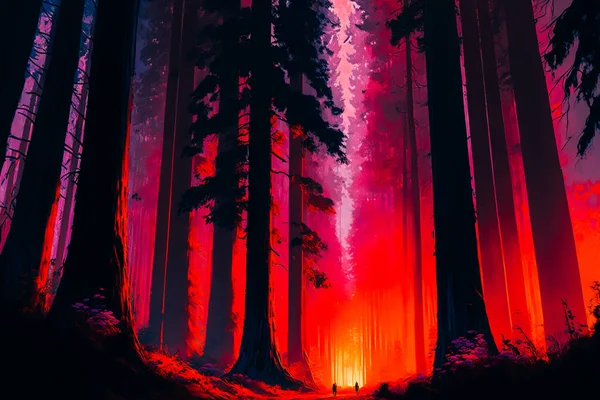 A cluster of towering redwoods with dramatic lighting casting deep shadows on the forest floor. The sun is setting, painting the sky in shades of orange, pink, and purple