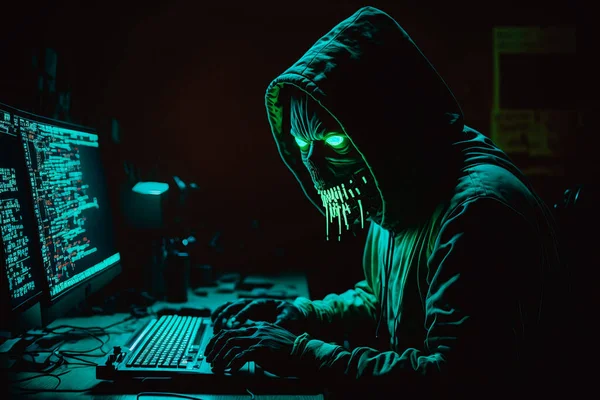 A masked hacker sits at a glowing computer in a dark room, typing furiously
