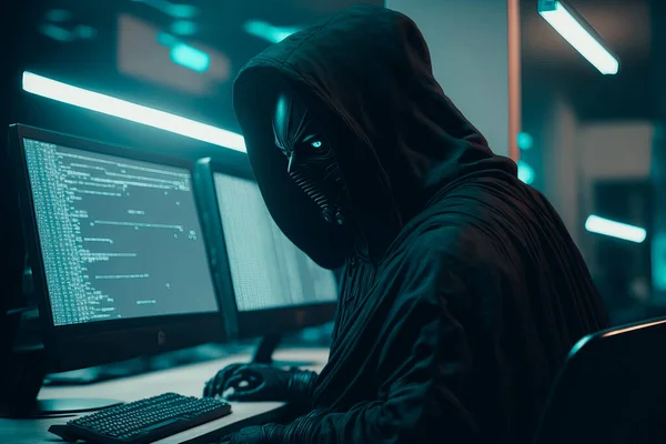 A mysterious figure dressed in all black, their face concealed by a mask, sits in front of multiple computer screens