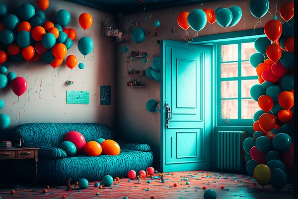 a very colourful room with balloonns everywhere and a balloon garland and a small cake sitting on the concrete floor