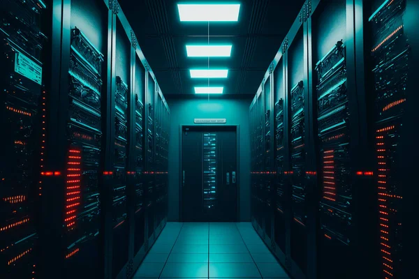 An image of a massive server farm, with rows of towering servers