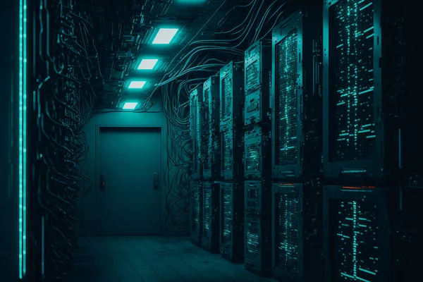 An image of a massive server farm, with rows of towering servers