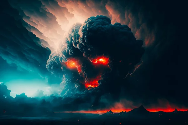 An ominous scene of a burning world with smoke clouds raining down from the sky