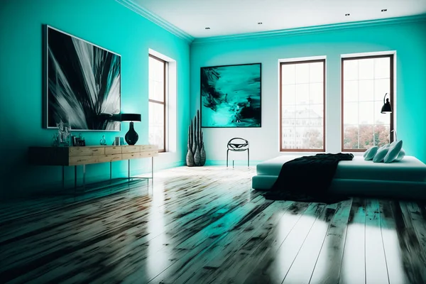cyan room wood floors with calming modern accent colors