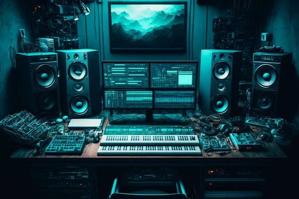 electronic music producer desk with studio equipment