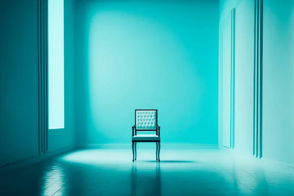 empty light blue big room degradade with a white chair