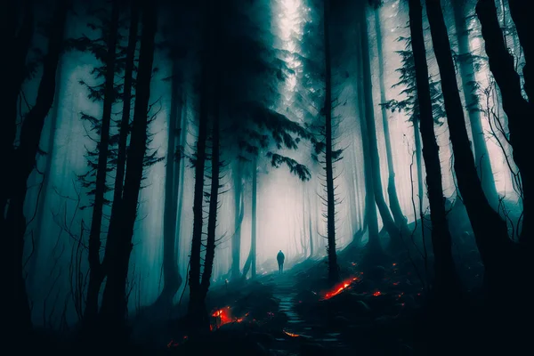 foggy forest, fire, dark landscape