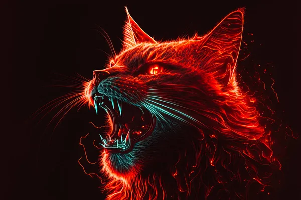 neon red cat roaring portrait cinematic art
