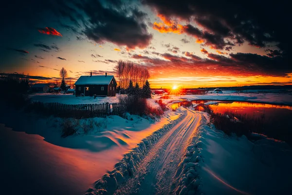 west canada landscape during winter during sunset wide angle lens low view spectacular sky