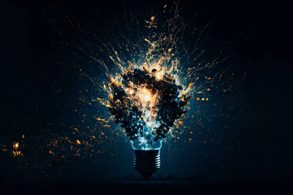 A photo of a dramatic explosion of light bulbs, against a black background