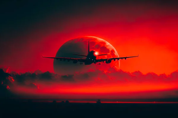 a plane flying in the distance in a red sky