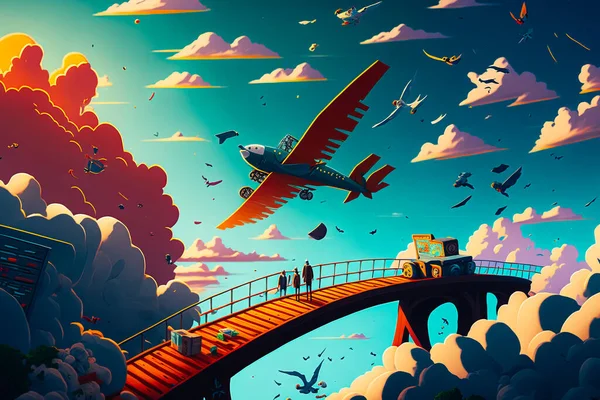 an airplane is flying over a bridge in the sky as many small birds