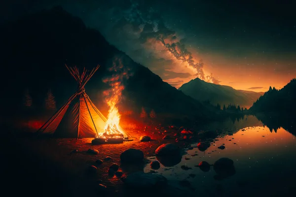 fire at night, tent in the forest