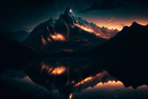 there is a dark mountain with light reflecting in the water